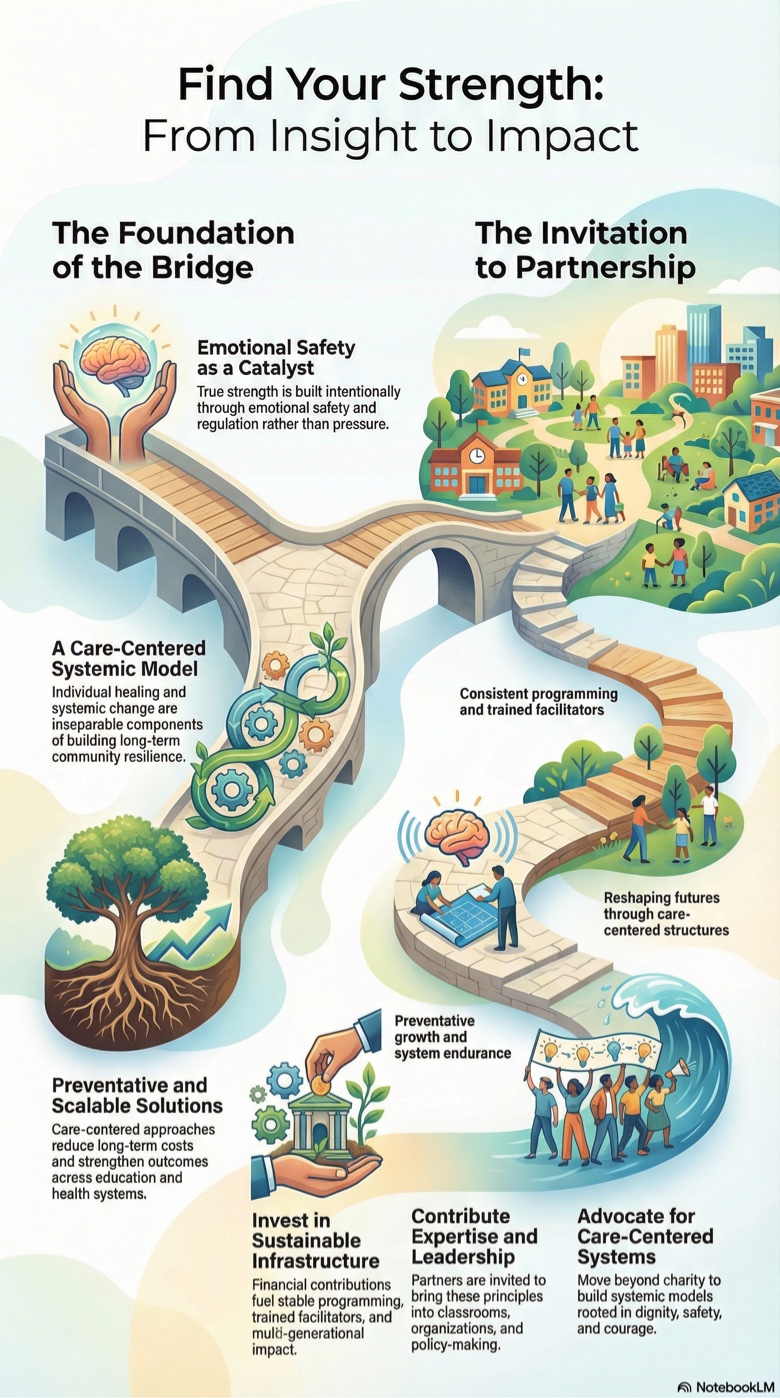 Find Your Strength: From Insight to Impact — an illustrated pathway from emotional safety and a care-centered model, across a bridge of community action, into investing in infrastructure, contributing expertise, and advocating for care-centered systems.